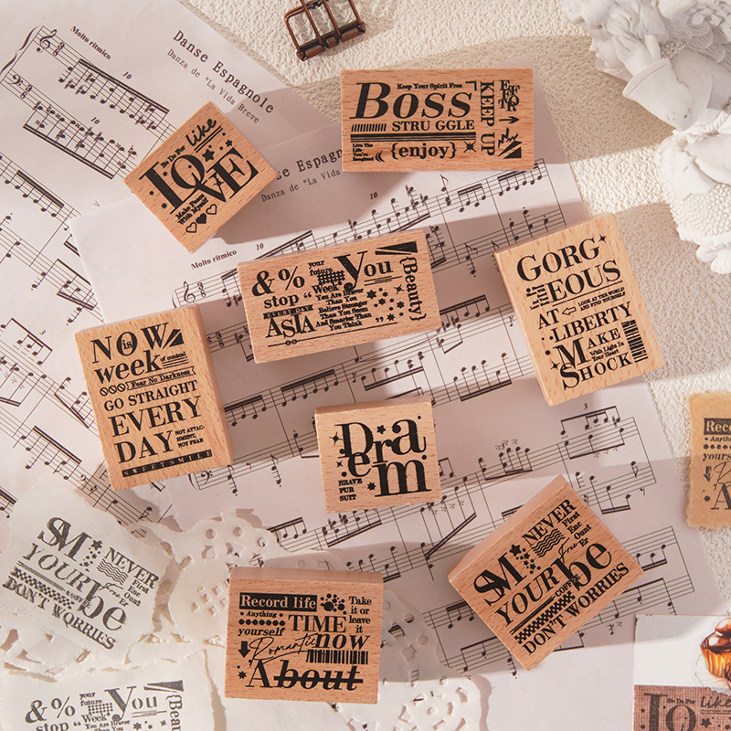 Mengyuan Eternal Retro Inglés Libro de mano de madera Juego de sellos Caja Diy Libro de mano Impresión decorativa Juego de sellos transfronterizos