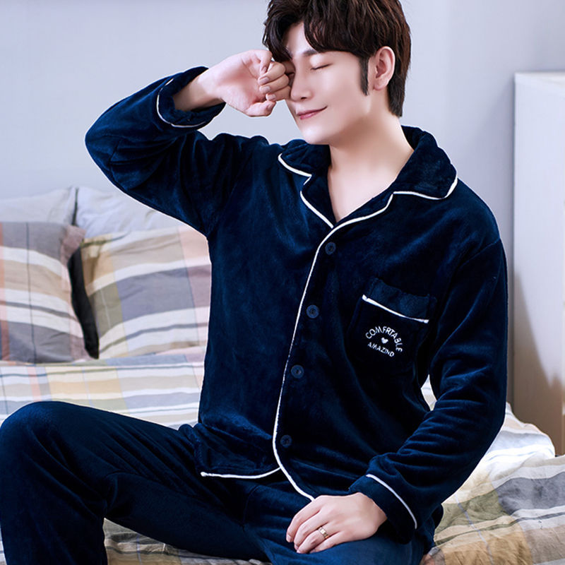 Pareja de otoño e invierno pijamas de terciopelo coral para hombre, traje grueso de manga larga, franela cálida, servicio a domicilio de primavera y otoño nuevo