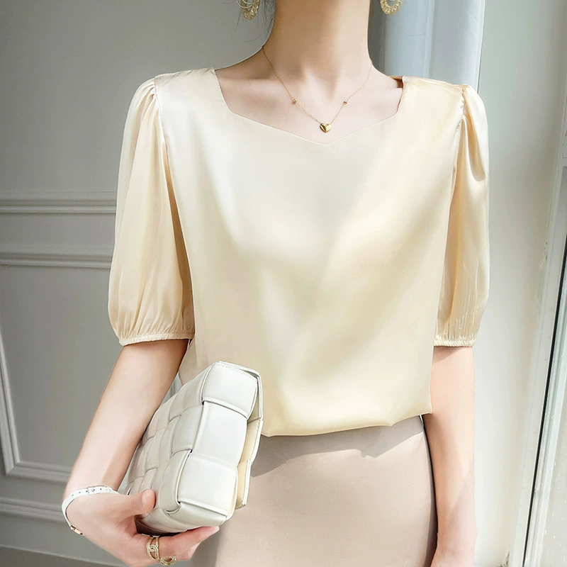 2025 лето новый геометрический воротник шифоновая рубашка для женщин с пятикратным рукавом простой сплошной атласный топ