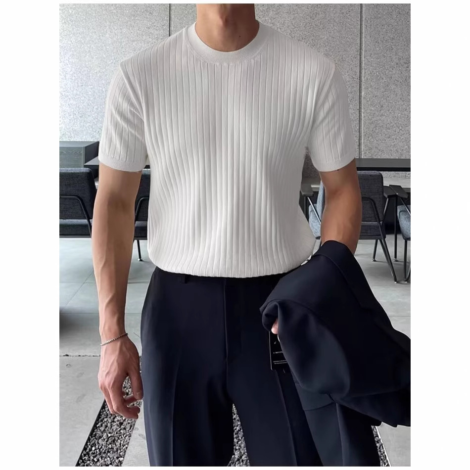 Summer thin knitted elastic trend sweater with a round collar