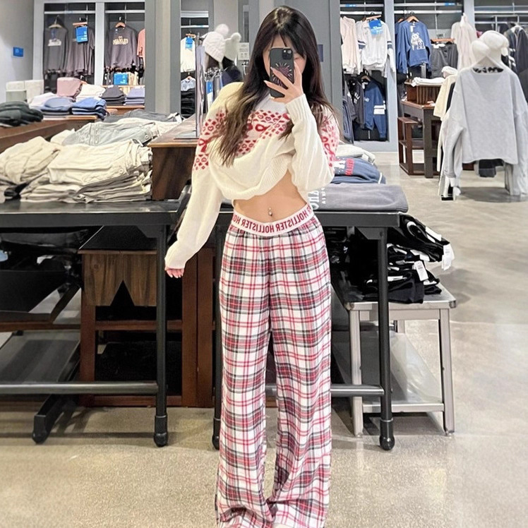 Hollister American Retro Small Seagull Plaid Letter Webbing Pajama Pants Plaid Casual Versatile Long Pants