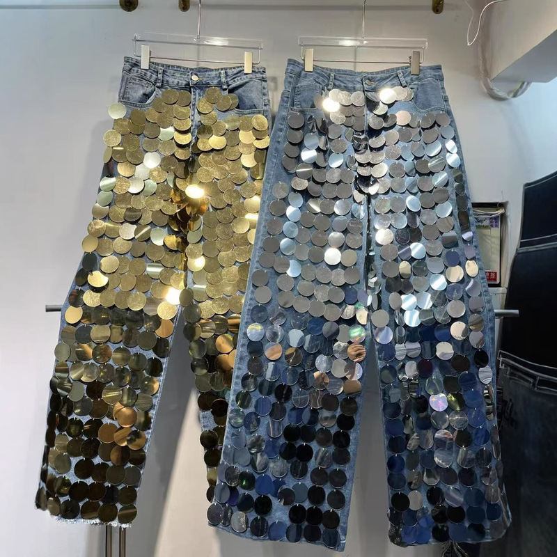 European Station High-end Personality Sequins Handmade Bead Heavy Industry Decorative Straight Slim Look Street Trendy High Waist Jeans for Women European Station High-end Personality Sequins Handmade Bead Heavy Industry Decorative Straight Slim Look Street Trendy High Waist Jeans for Women