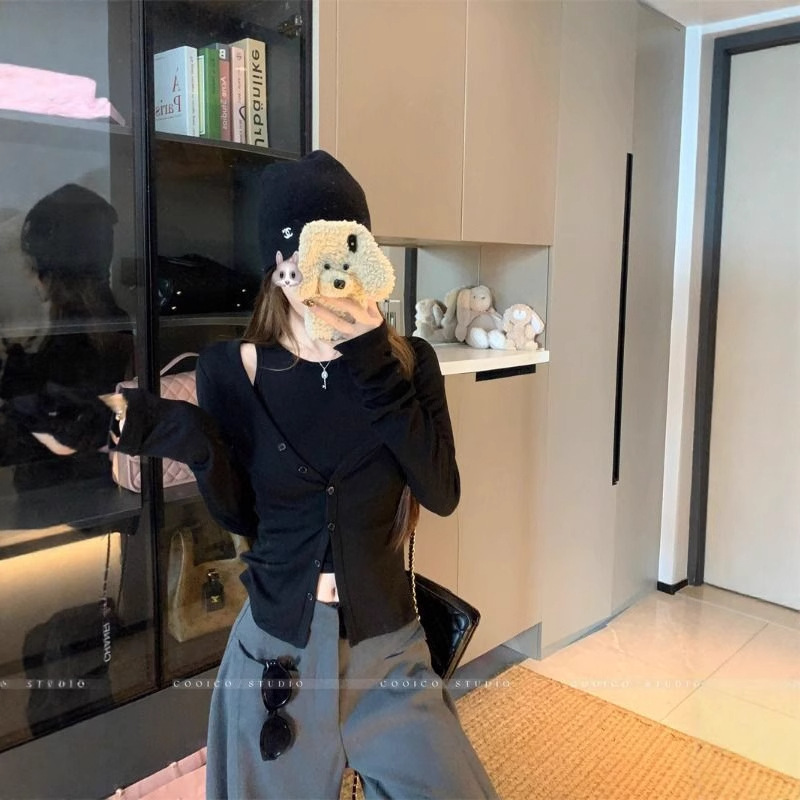 修身显瘦背心开衫两件套装女2025初秋季设计感长袖T恤打底衫上衣|undefined