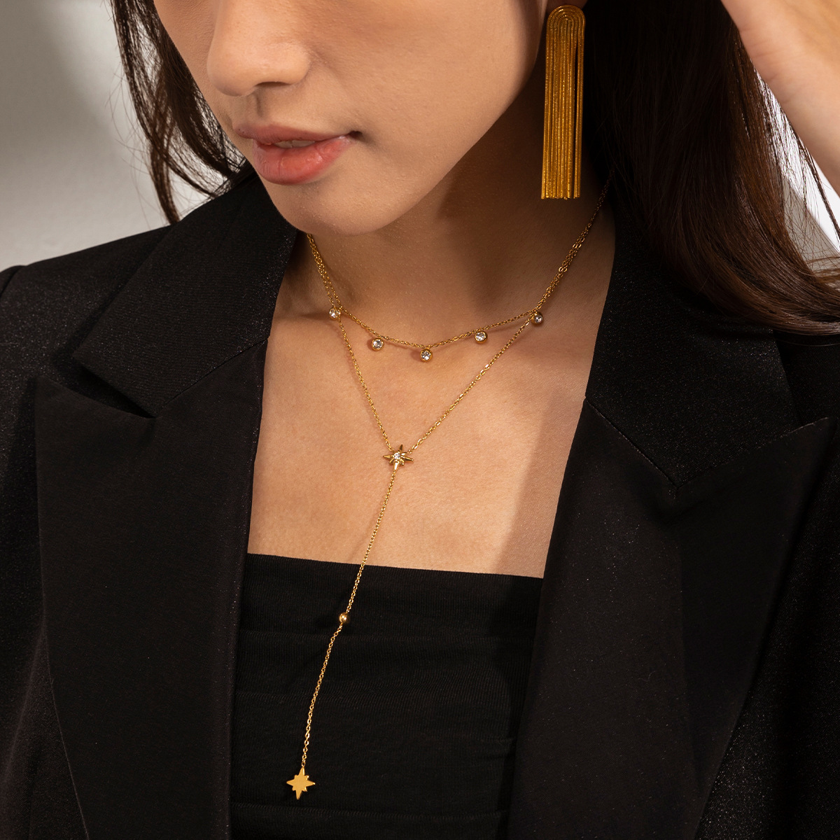 Tiana Europa y América collar de acero inoxidable lujo ligero nicho Zhongzhong estrellas zircon cadena de clavícula universal moda transfronteriza joyería caliente image 3