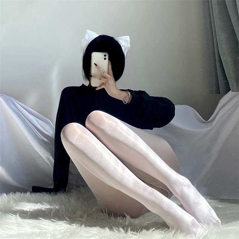 Komankang Sexy Oily Stockings Women's Black Stockings Oily Stockings Open Sexy Uniform Easy to Tear Sexy Temptation Device Sentimental