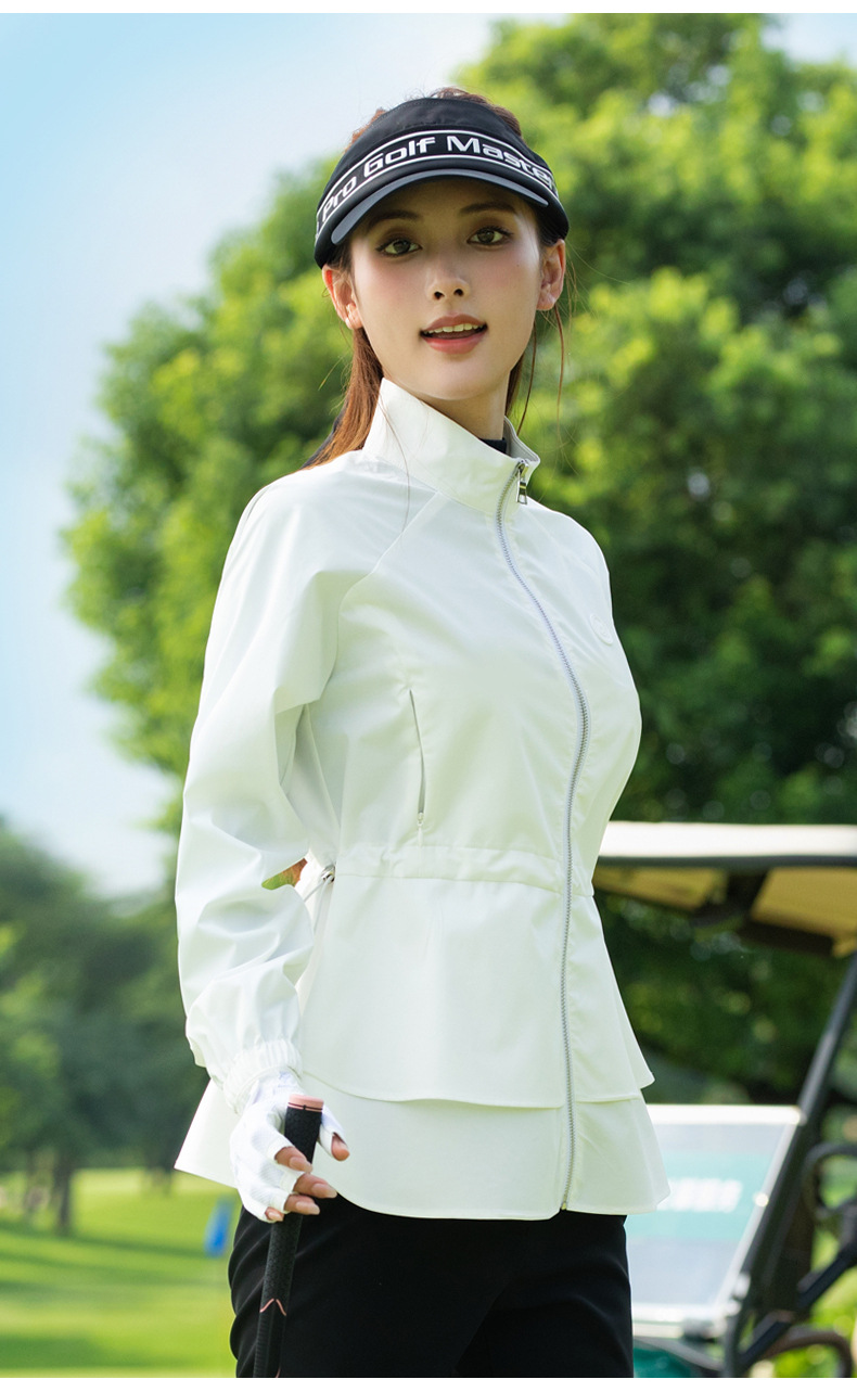 Áo khoác golf nữ cổ đứng, viền lông, dây kéo, chống gió chống thấm — Áo khoác màu xám [vải chống gió/chống thấm nước và chống văng/dây thắt lưng có thể điều chỉnh] YF844 chi tiết 9