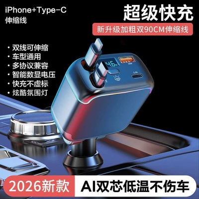 Cross-border new car charger supports 120W super-fast charging, features a retractable cable, and is a multi-functional cigarette lighter adapter (Siqaret yandırıcısı) - dual-type-c-ports-silver-gray