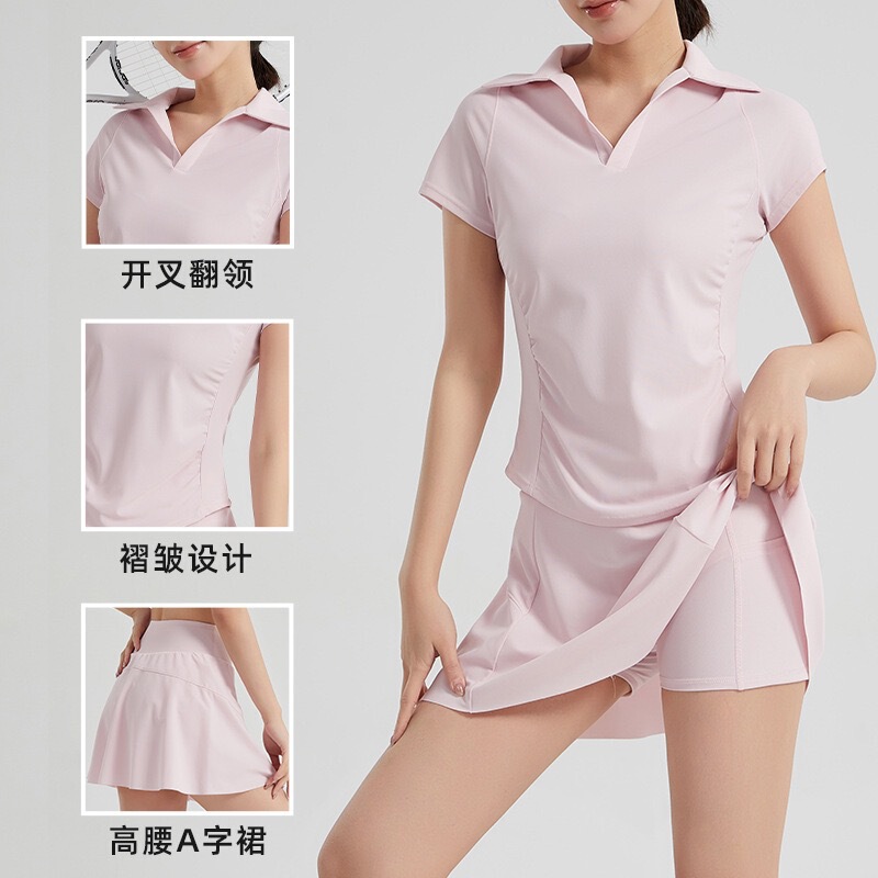 新商品のメッシュフィットネストスーツの女性の大きいサイズのヨガの服の速乾の通気性のバドミントンの運動の短いスカートはやせている半袖の夏を現します。|undefined