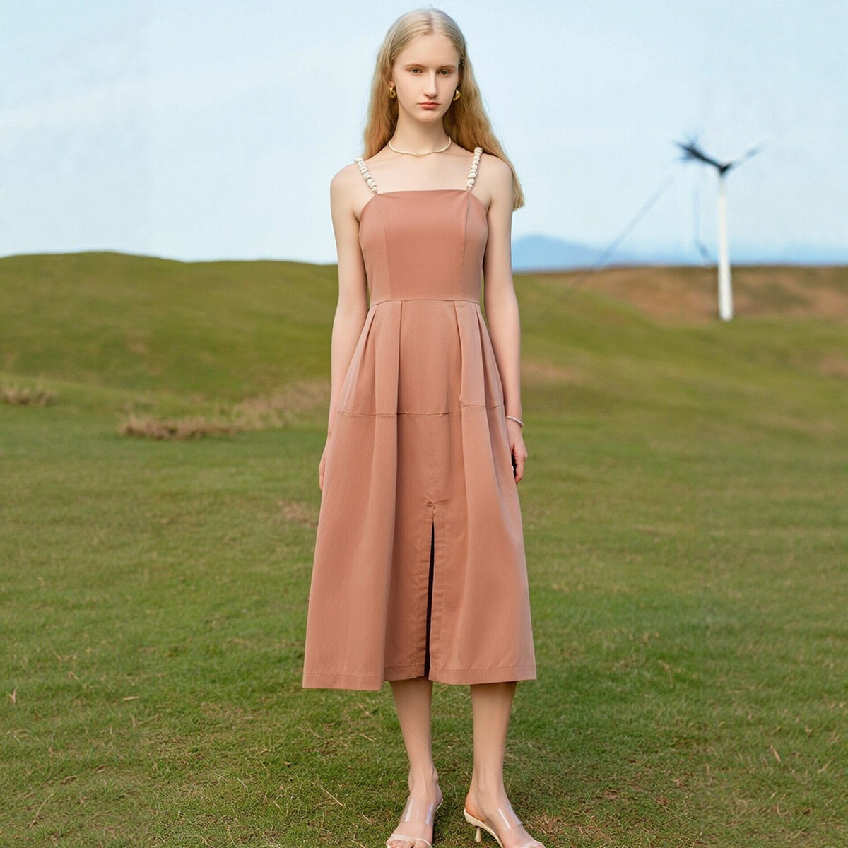 一手货源【石茜】品牌专柜撤柜！淑女风修身珍珠吊带连衣裙女25夏