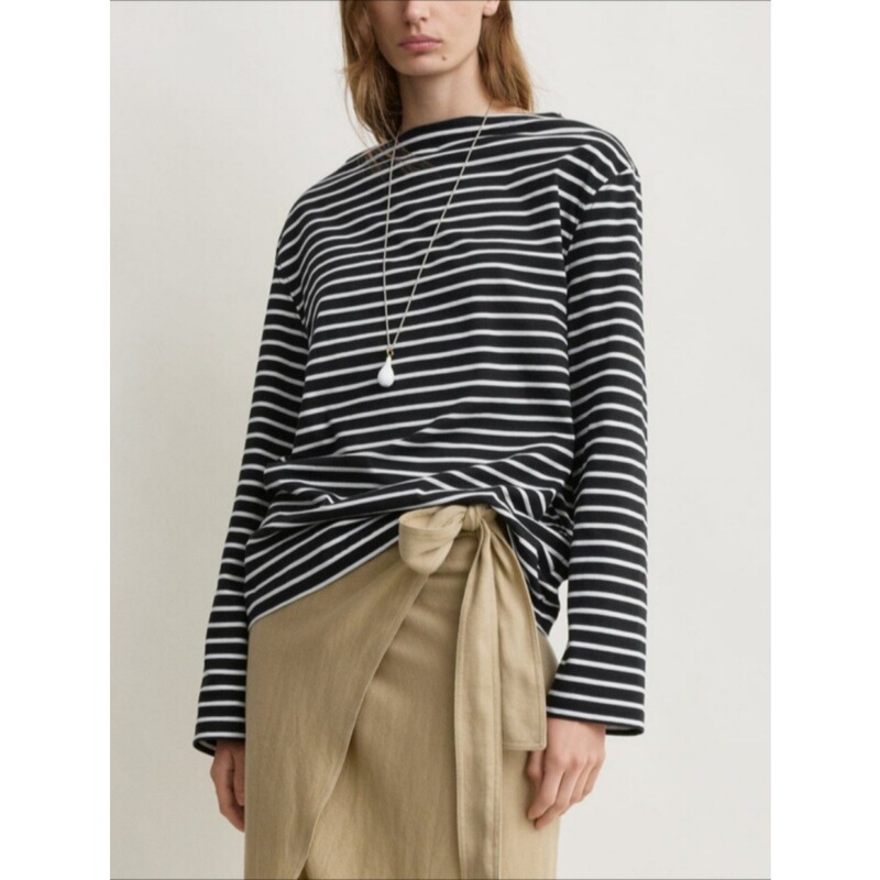 Longmei pure cotton boat neck striped long-sleeve T-shirt for women, 26 early autumn new model, TOT loose casual versatile base top