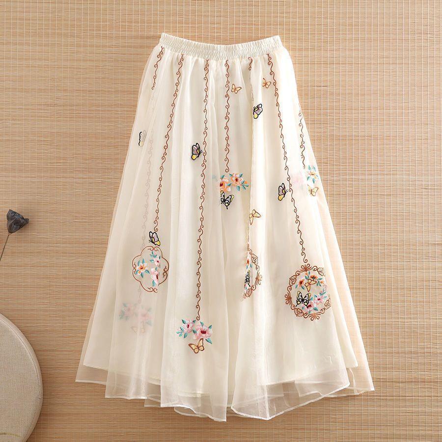 New Chinoiserie Retro Skirt 2023 Summer New Skirt Embroidered Ancient Style Mid-Length A-Line Skirt Women's Ethnic Style