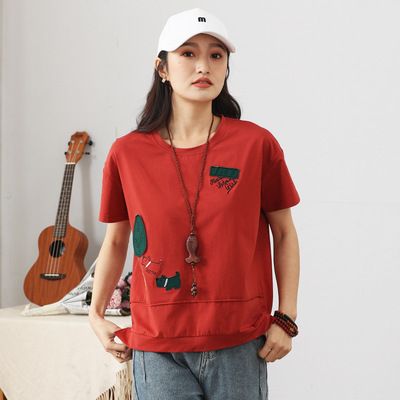 2021欣凱盈夏季寬松純棉印花圓領彈力複古韓版正品胖妹妹t恤批發