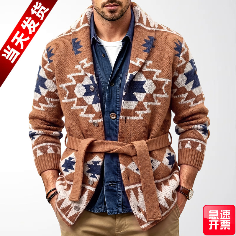 Men's Sweater Cardigan American Retro Indian Jacquard Lapel Tie-Up Knit Jacket Cross-Border Men's Clothing Sy0001 Men's Sweater Cardigan American Retro Indian Jacquard Lapel Tie-Up Knit Jacket Cross-Border Men's Clothing Sy0001
