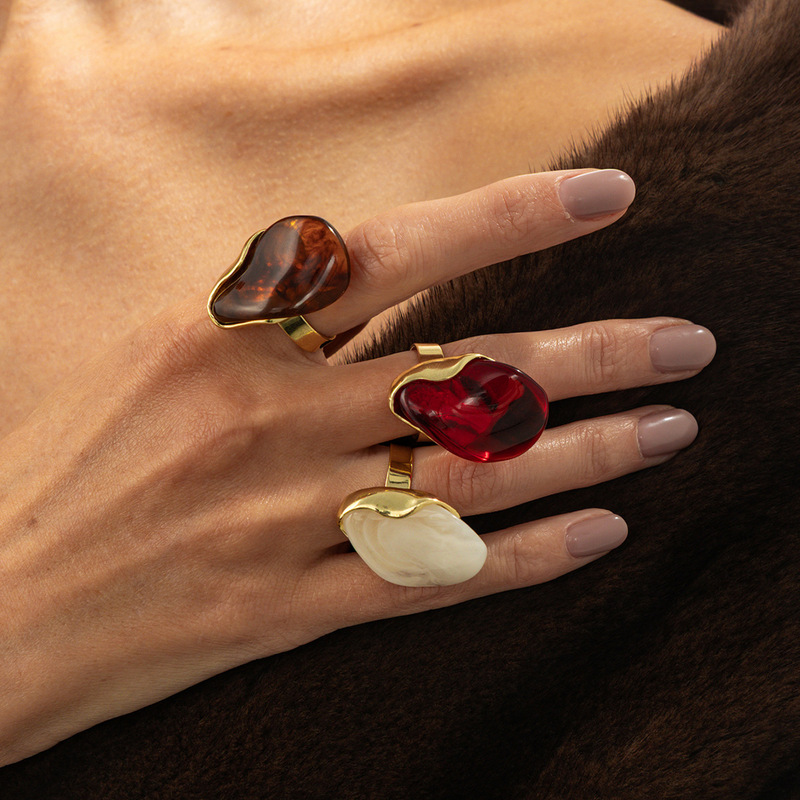 European and American Cross-Border Retro Translucent Amber Smudged Resin Ring Ins Style Geometric Special-Shaped Acrylic Ring