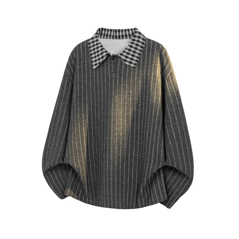 Korean-style Plaid Turn-down Collar Long-sleeve T-shirt For Men, Spring Cleanfit Youthful Look, American-style_voghion.com