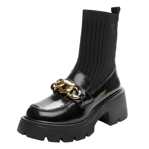 Small size women's shoes, genuine leather socks, fly knitted inner heightening thick soles, small square single shoes, inner heightening wedge heels, trendy shoes, Martin boots for women