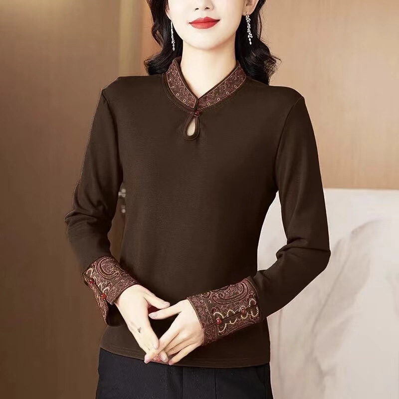 Guofeng retro new Chinese style 2024T-shirt jacket autumn and winter warm slim collar long sleeve Zen bottoming embroidery