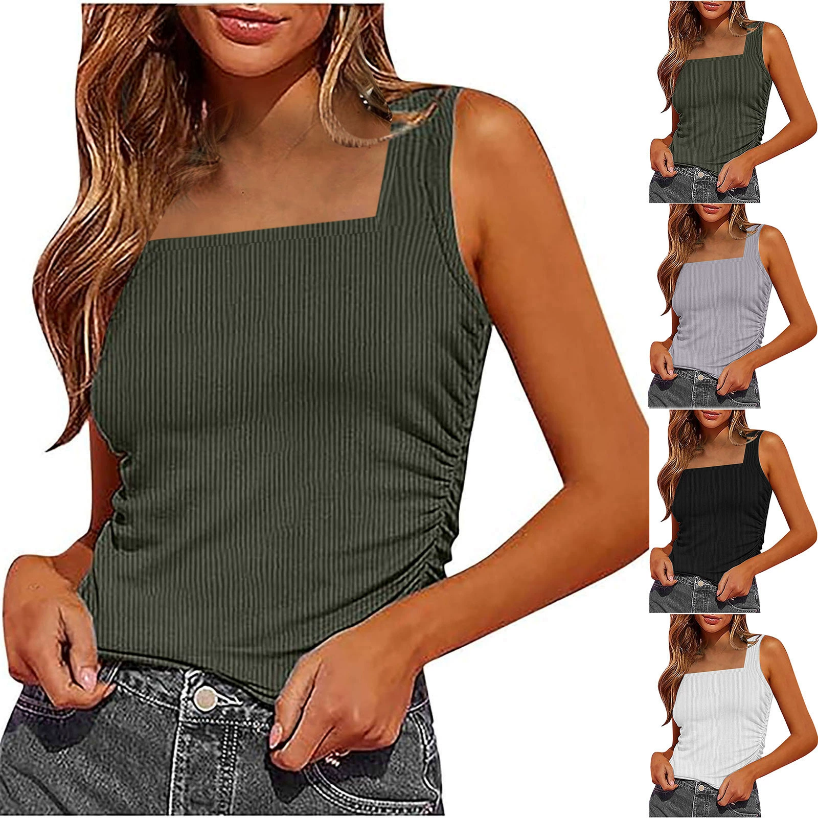 2024 Amazon новый весенний летний женский без рукавов речатый трикотаж с тонкими боковыми складками сплошной цветной квадратный воротник жилет T