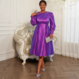 欧美大码女装长袖大摆变色龙连衣裙 优雅气质宴会派对礼服Dresses