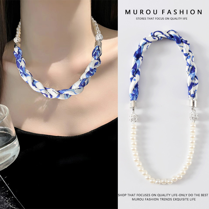 이중 자석 버클 비드 체인/블루 화이트 및 블루 화이트 도자기 길이 45cm