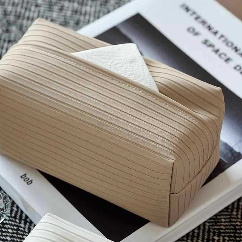 Caja de pañuelos a rayas simple, caja de dibujo con patrón de cuero, mesa de comedor para sala de estar, caja de almacenamiento, lujo ligero de alta gama para automóvil