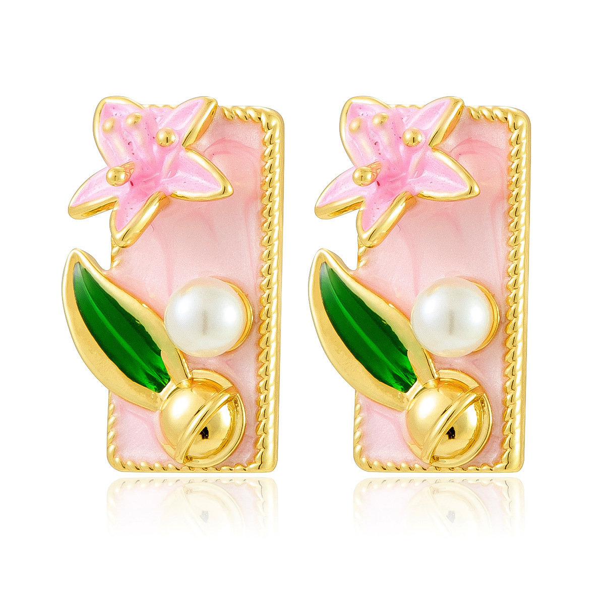 Pendientes de flores de aceite de gota de perlas con incrustaciones retro francesas transfronterizas, pendientes de flores pintadas de esmalte de alta calidad de lujo ligero