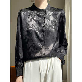 轻国风白色真丝衬衫女职场穿搭春季长袖立领衬衣中式印花通勤上衣