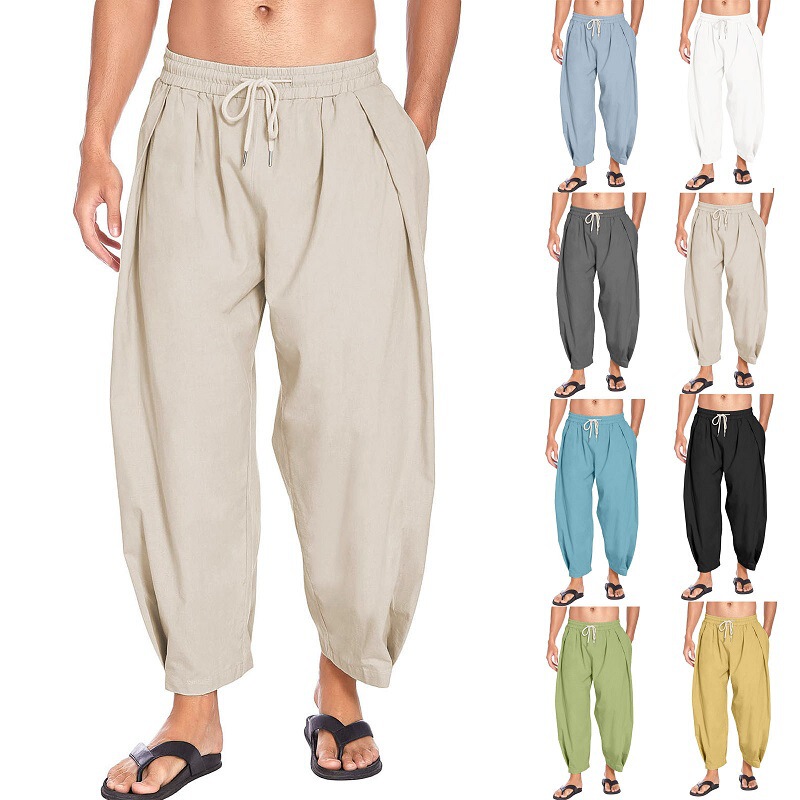 2023 cross-border Men's cotton and linen harem pants drawstring casual cropped pants loose beach yoga pants with pockets in stock