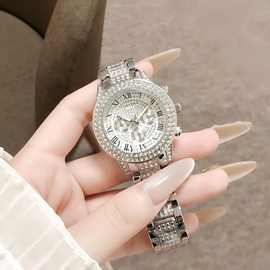 满钻奢华银色女士手表罗马数字表盘时尚石英腕表潮流优雅气质百搭