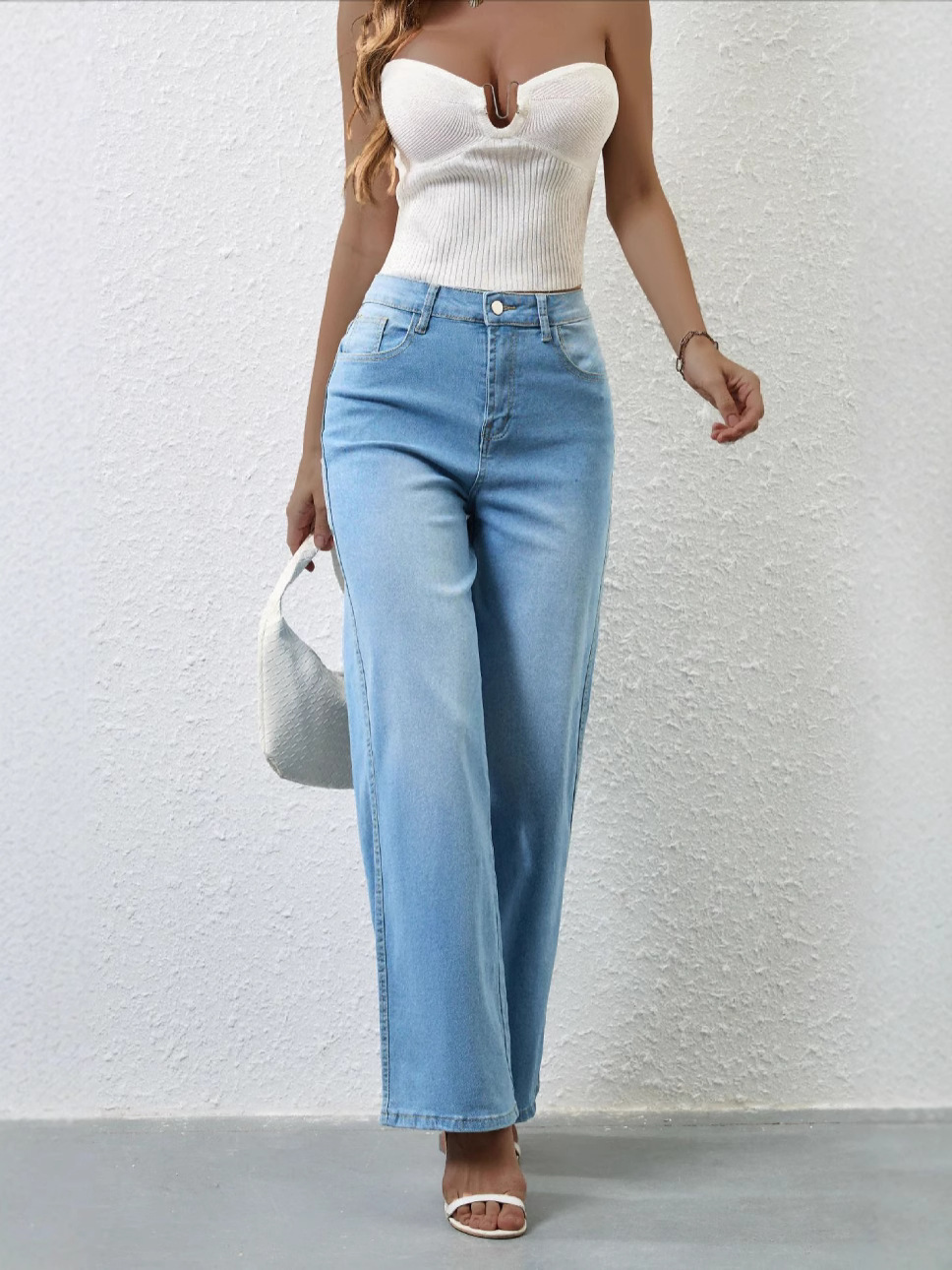 2025 Cross-Border European And American Fashion Casual Stretch Women's Quality Straight High-Waisted Wide-Leg_ecoleips.com