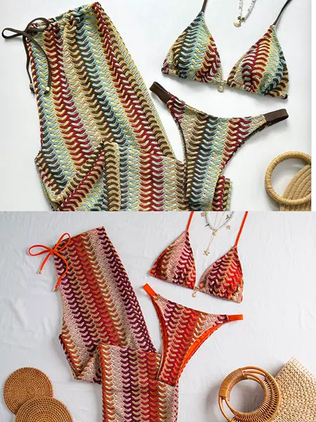 2026 European and American New Style Swimsuit Three-Piece Set Colorful Knitted Tie-Up Long Pants Bikini Beach Vacation Bikini