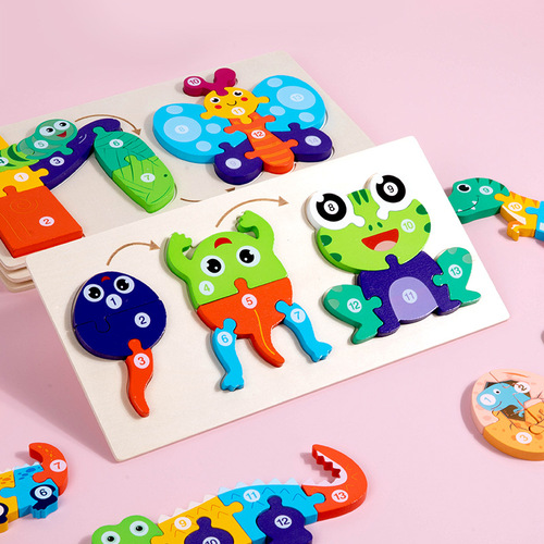 Wooden animal growth and evolution three-dimensional puzzle 0.2 baby puzzle 0-3 years old early education cognitive intelligence development toy