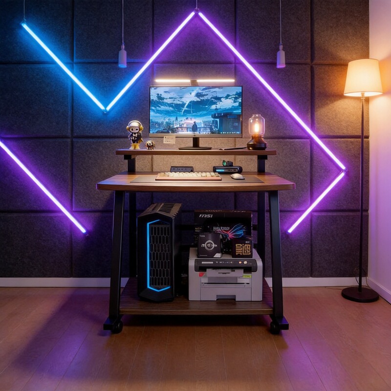 Rolling computer desk with steel frame and storage shelves, desktop gaming table, home-use movable simple office desk Rolling computer desk with steel frame and storage shelves, desktop gaming table, home-use movable simple office desk