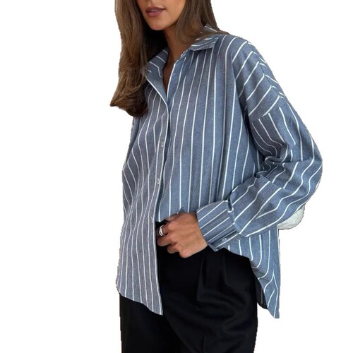 European and American 2025 Fall/Winter Long-Sleeve Cardigan Coat for Women | Striped Shirt Women's Wear