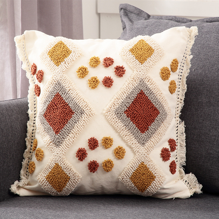 Moroccan style color velvet embroidery pillow case tufted tassel cushion case model room waist pillowcase spot supply_voghion.com