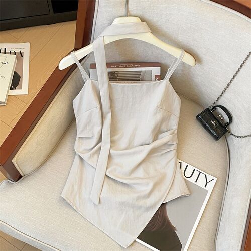 Gray high-end sling vest women's summer new irregular pleated temperament streamer beautiful back sleeveless top