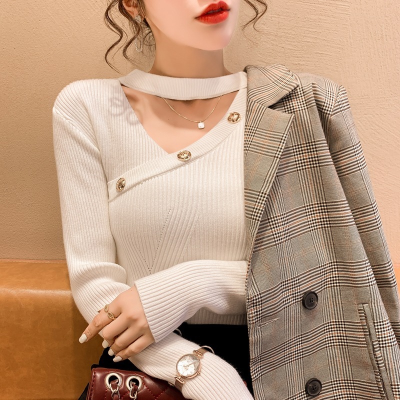 针织打底衫女秋冬2025新款时尚洋气时髦高级感挂脖v领毛衣女冬季|undefined