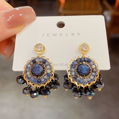 重工款手工水晶流苏耳钉复古轻奢小众百搭银针耳环高级感网红耳饰