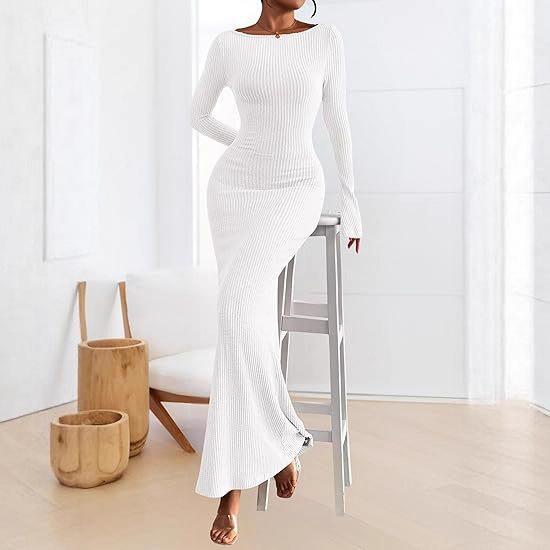 2025 Women's Autumn Fashion Long Sleeve Maxi Dress Ribbed Knitted One-Line Neckline Bodycon Casual Dress