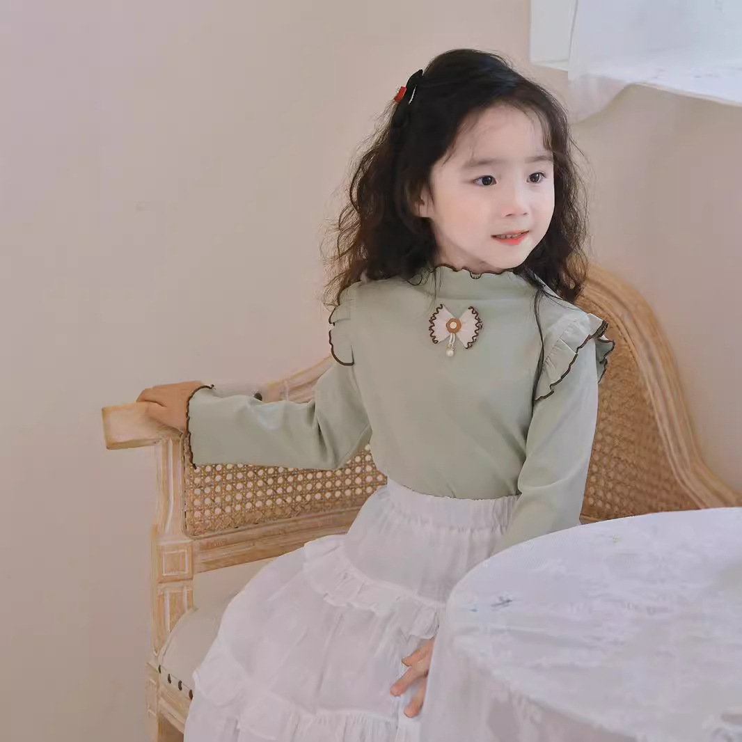 Coreana de primavera y otoño de los niños camisetas de base de encaje de brotes de miel espeso camisetas de manga larga de chicas fabricantes de calcomanías