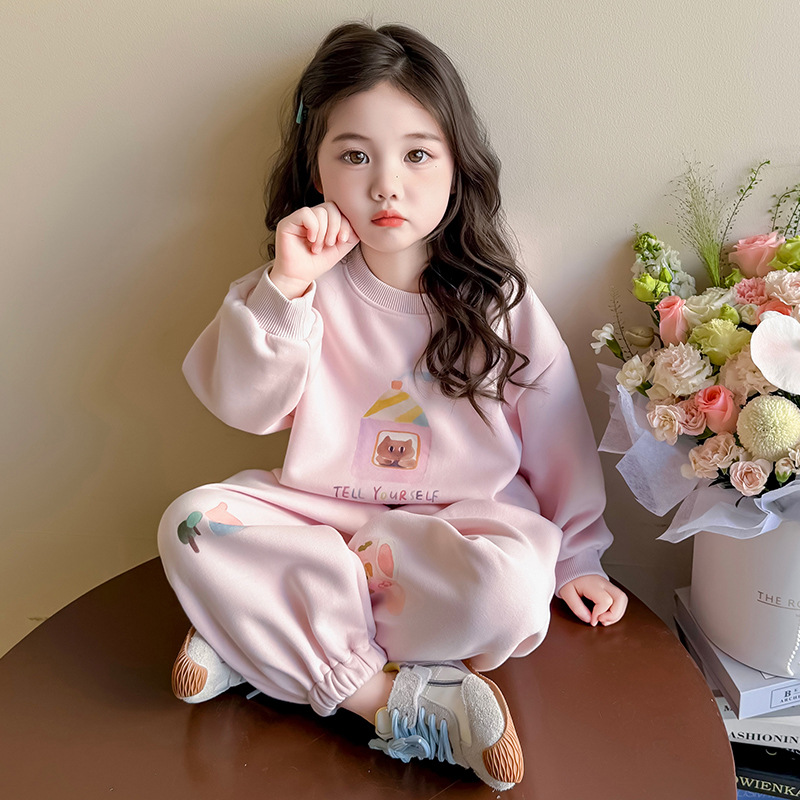 Girls Cartoon Printing Set 2025 Autumn New Children's Korean Version Sweater Sweatpants Long-sleeved Knitted Two-piece Set Trendy_voghion.com