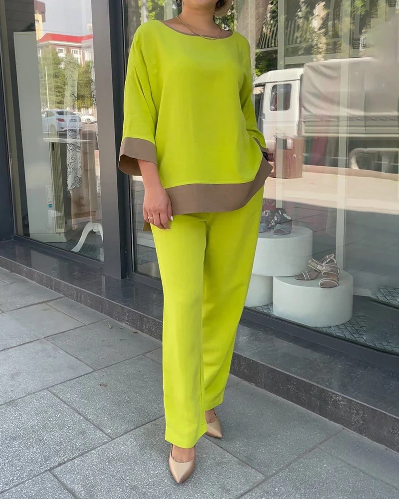 420g Weight 3/4 Length Sleeve Sleeve Length Polyester Fabric Type Pants Sets Sets Type Women's Casual Solid Color Polyester Patchwork Contrast Binding Pants Sets