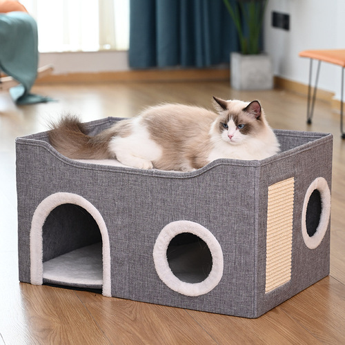 Amazon Double Layer Cat Bed Winter Warmth Foldable Semi-Closed Cat House Cat Scratching Board Winter Cat Villa