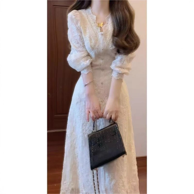 Cross-Border Autumn and Winter Long Coat, Sweet and Gentle White Dress, Lace Long Sleeves, Waist-Cinching, Elegant Long Dress, Slimming