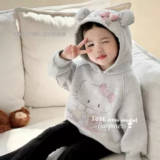 儿童加绒套装秋冬季2026韩版女宝可爱连帽蝴蝶结卫衣喇叭裤两件套