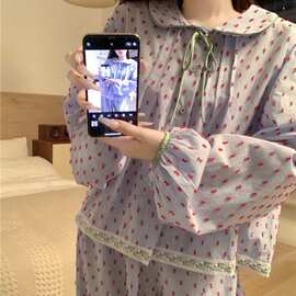 批发货源韩版甜美小清新提花刺绣格子可爱娃娃领秋季外穿家居服套