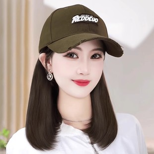 Red Embroidered Hat with Wig for Women, Shoulder-Length Short Bob Wig Hat, Face-Slimming Baseball Cap Wig