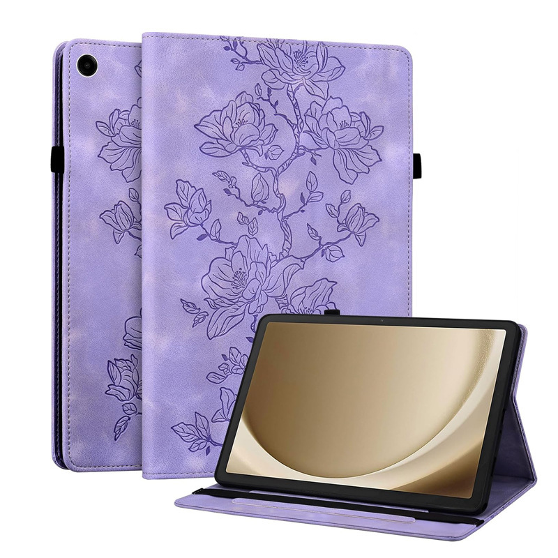 In-Stock Protective Case for Samsung Tablets A9 A8 S9 S8, Embossed Pu Leather Cover with Flip Stand and Anti-Drop Strap