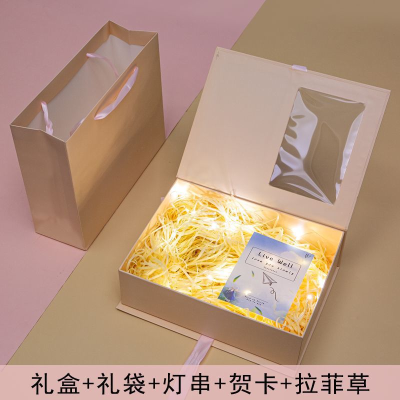 반투명 창 선물 상자 - 샴페인 + 가벼운 끈 라피아 인사말 카드, 사양 없음