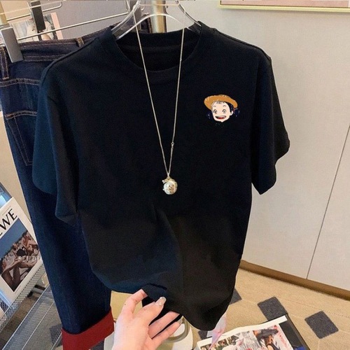 2025 Summer Square Shoulder Fashion Women's Short Sleeve T-Shirt Loose Cartoon Print White Slimming Top Instagram Trend